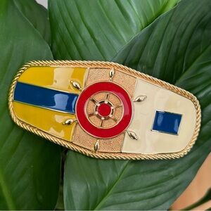 Vintage Nautical Gold Plated Enamel Belt Buckle Ship Wheel Helm Newport